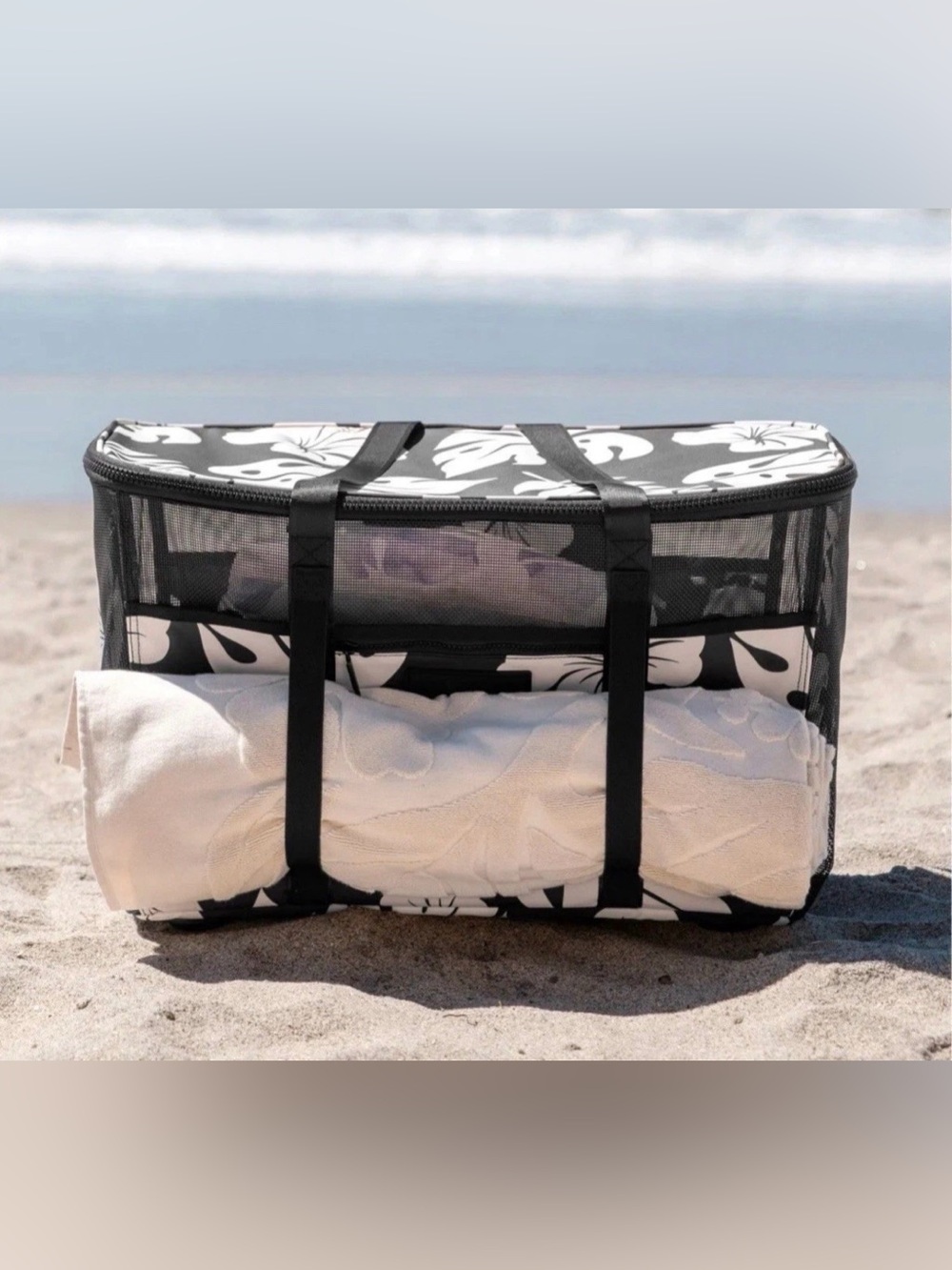 ALOHA Collection x CleverMade Collapsible Beach Tote Black Cream Floral NEW